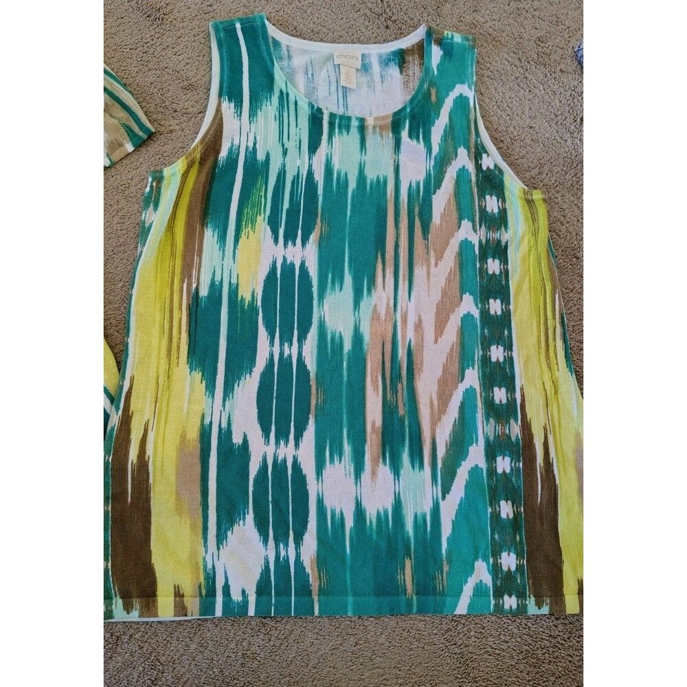 Chico's Okay Print Longline Open Cardigan Matching Tank Top Teal Green Size 2... - Picture 6 of 8